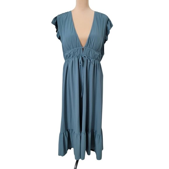 Halara Size XL Stone Blue Breezeful Deep V Neck Butterfly Sleeve Midi Dress NEW - Picture 1 of 11